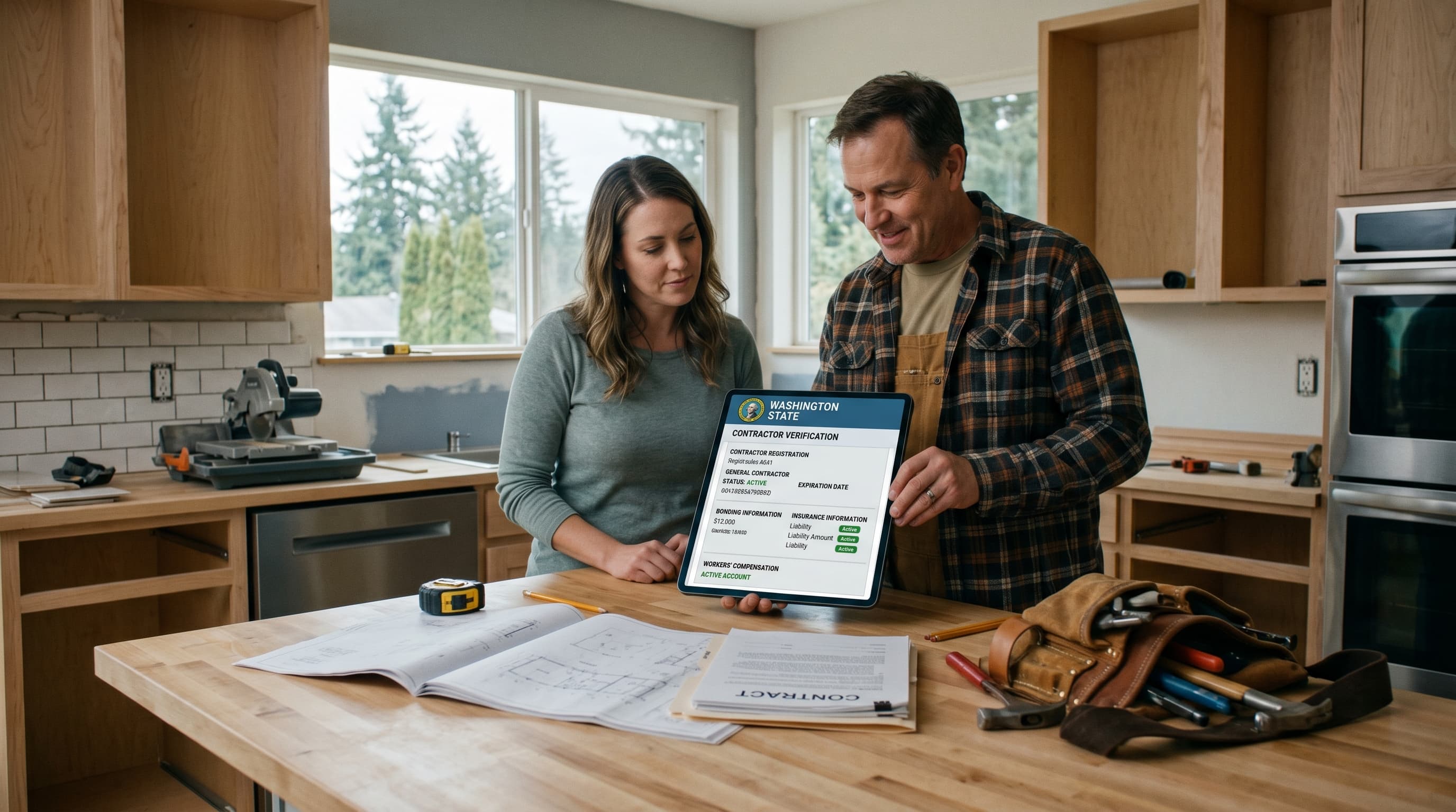 Homeowner and contractor reviewing a Washington L&I license verification on a tablet in a Vancouver, WA kitchen
