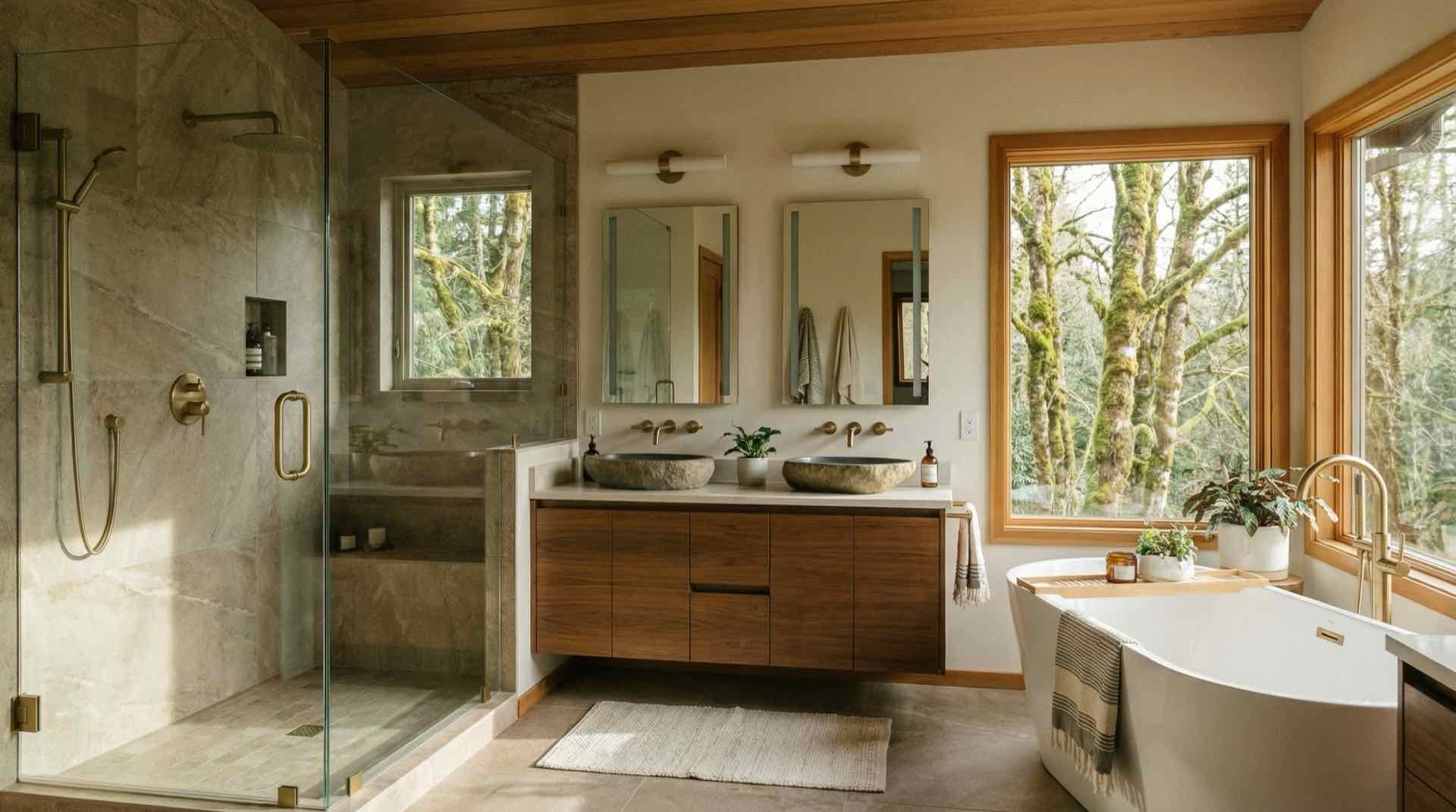 Modern spa bathroom with biophilic design, moody palette, stone and wood accents, and warm brass fixtures reflecting 2026 bathroom design trends in Vancouver, WA