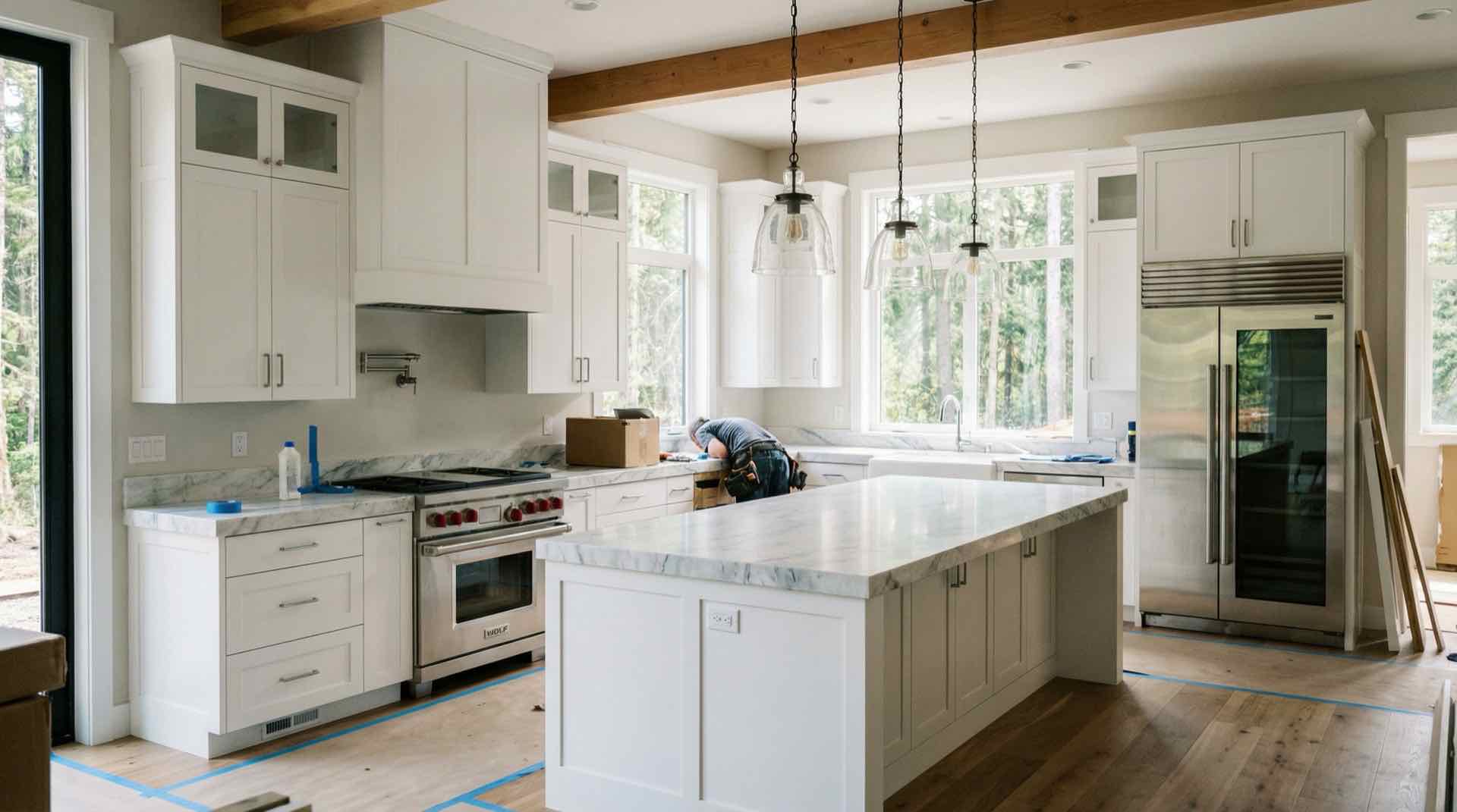 Bright Vancouver, WA kitchen with a Velux vented skylight bringing natural light into the space under an overcast Pacific Northwest sky