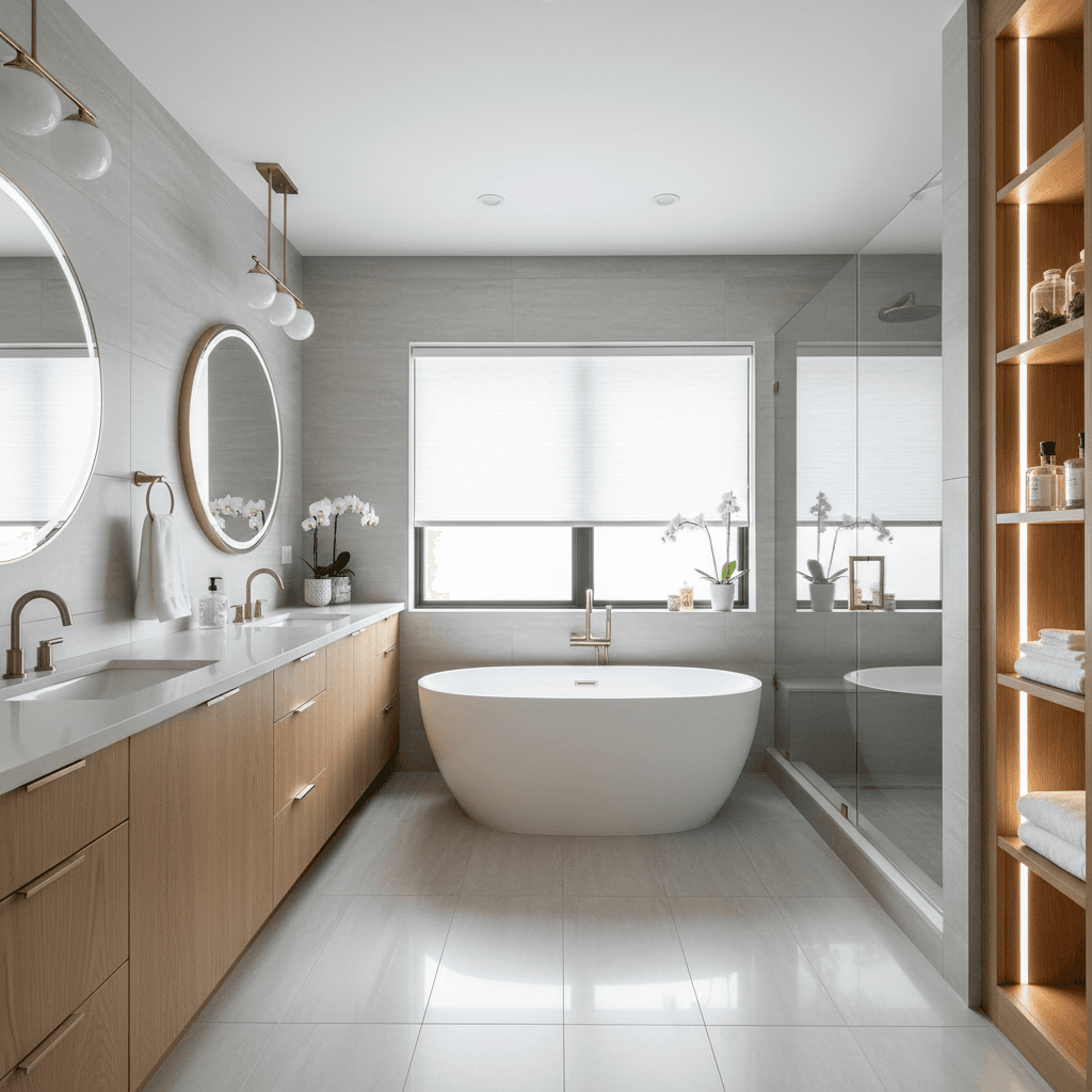 After: Spa-like primary bathroom with walk-in shower and heated floors