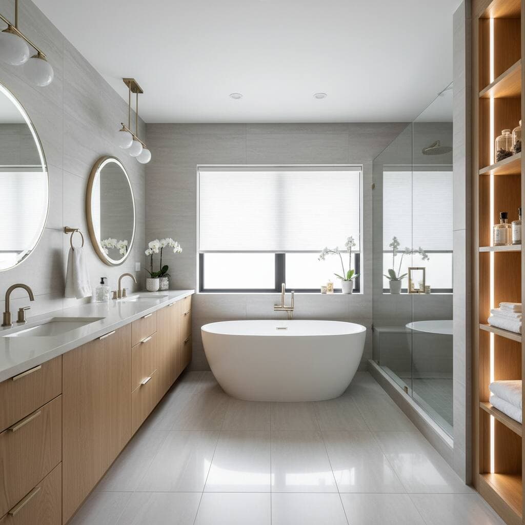 After: Spa-like primary bathroom with walk-in shower and heated floors