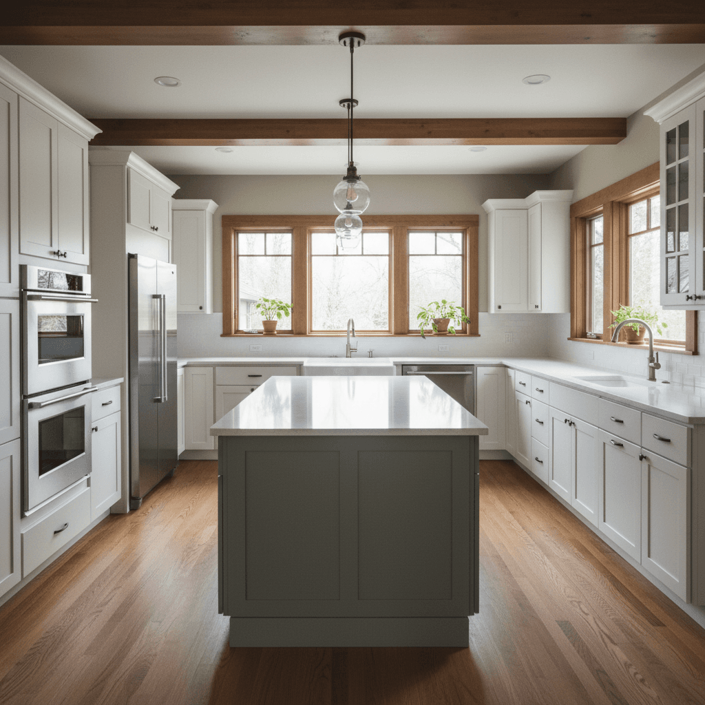 After: Kitchen island with pendant lighting and bar seating