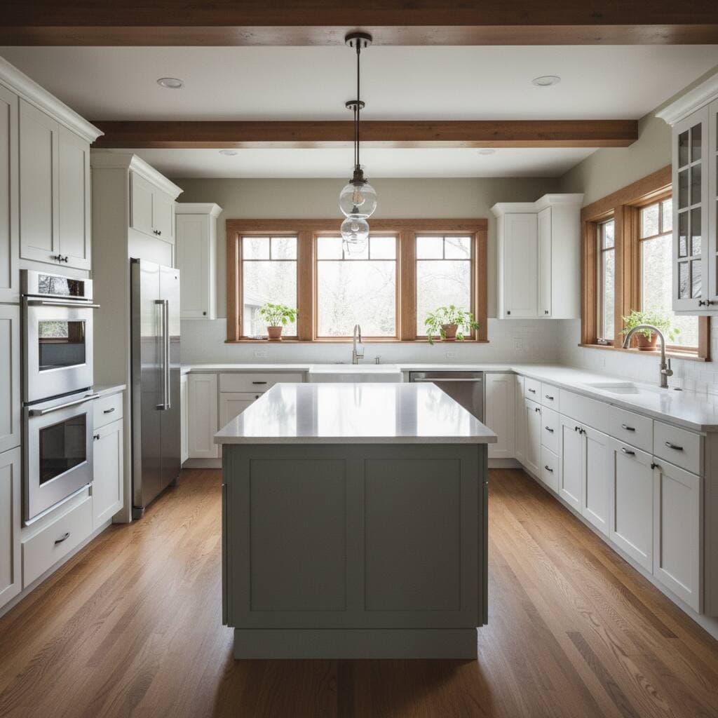 After: Kitchen island with pendant lighting and bar seating