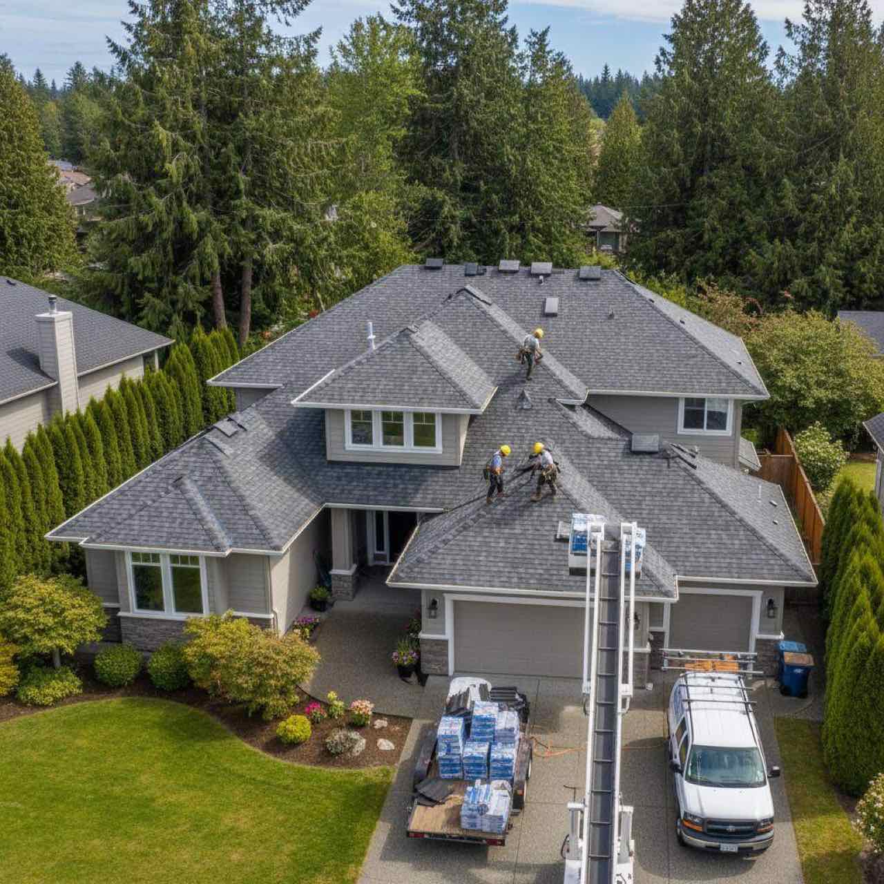 Aerial view of a two-story house with a hip roof and several roof planes during an asphalt shingle roof replacement, with evergreen trees around the lot